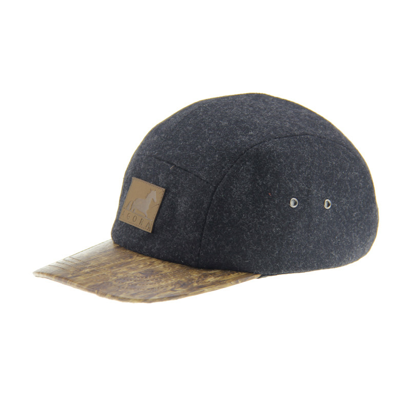 Bamboo PU Wool Camping Baseball Cap 5 Panel Snapback Hat Z Logo Wyryte Na Skórze